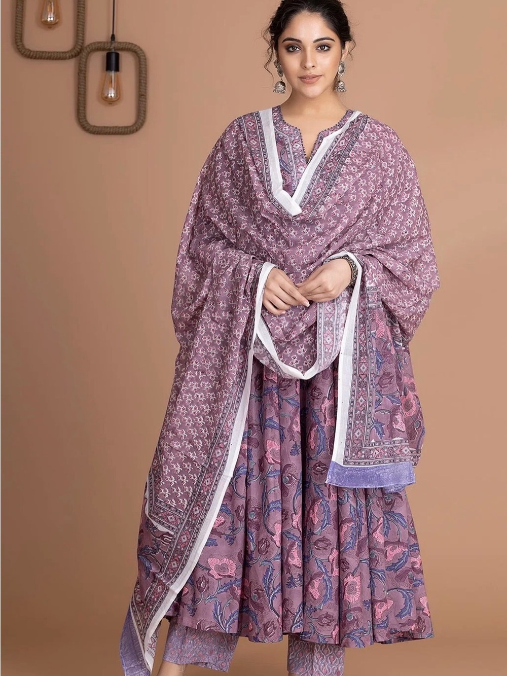 Lilac Floral Printed Kurta Set with Matching Dupatta